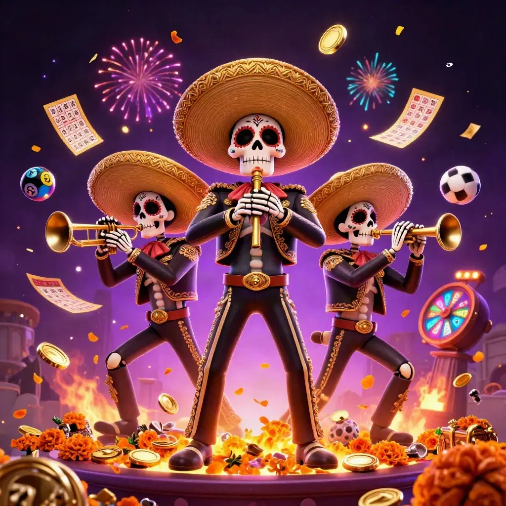 Three skeleton mariachi musicians amid coins, lottery balls, a prize wheel, and fireworks.