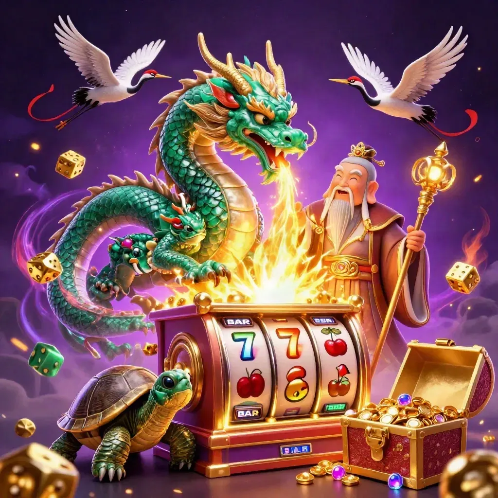Emerald dragon, turtle sage, and ribboned cranes erupt from a glowing slot machine in neon casino chaos.