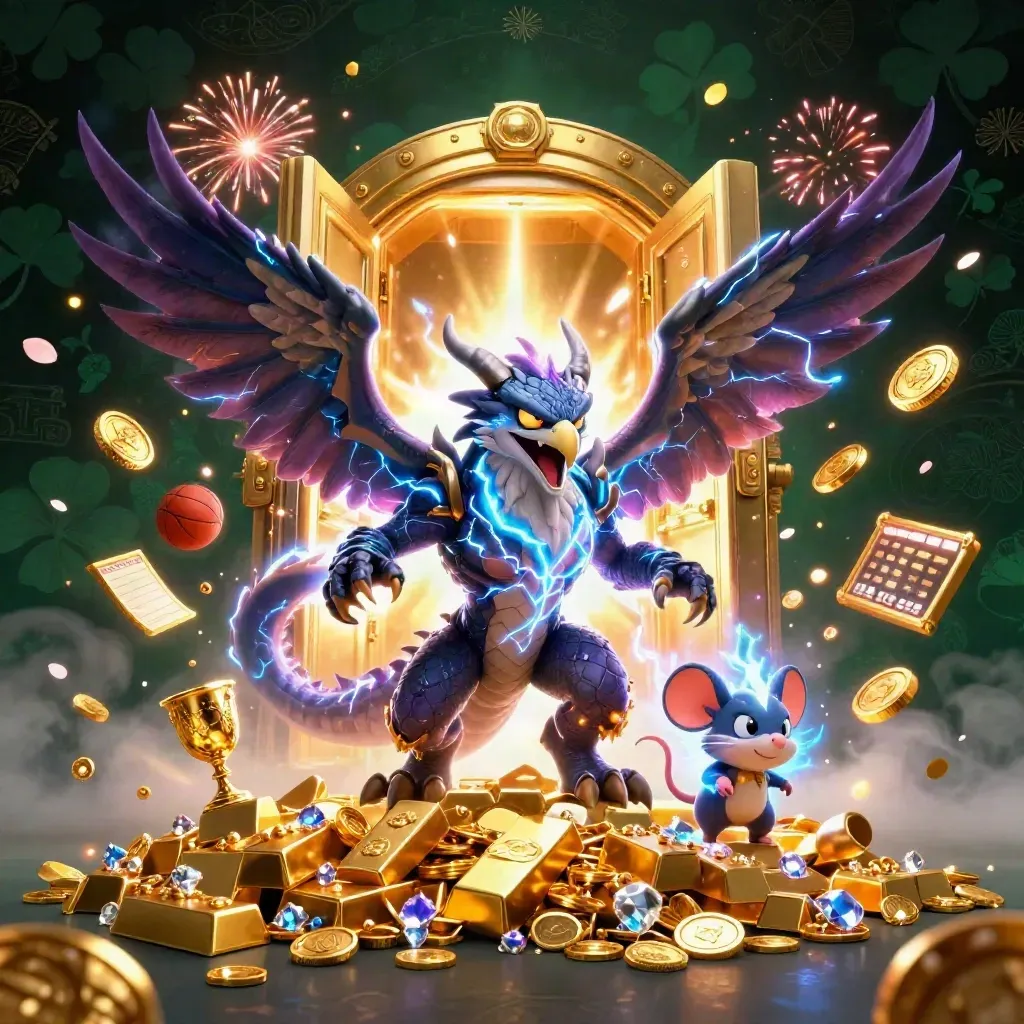 Thunder dragon, wind hawk, and crackling mouse burst from a gold vault amid coins and fireworks.