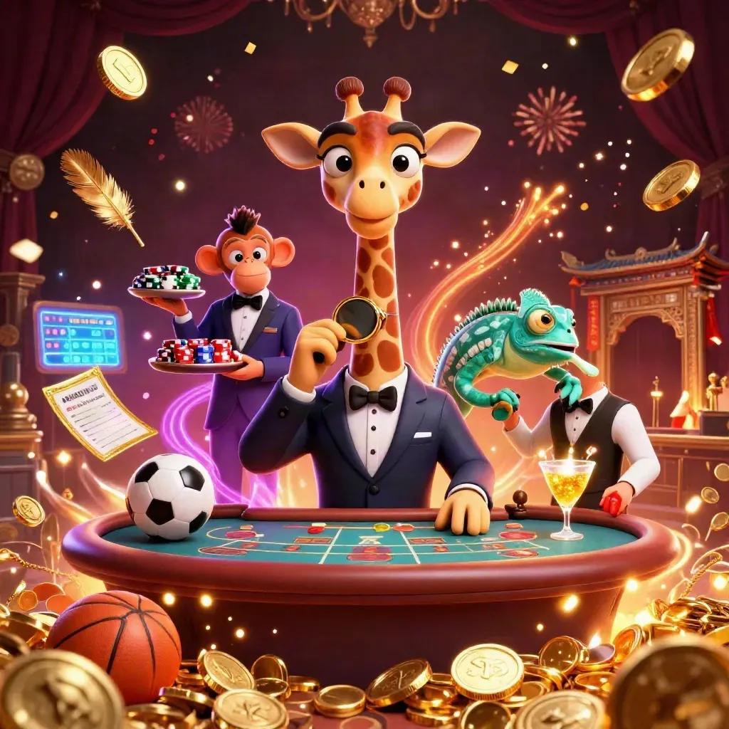 Giraffe, monkey and chameleon celebrate amid coins, fireworks and casino luxury.