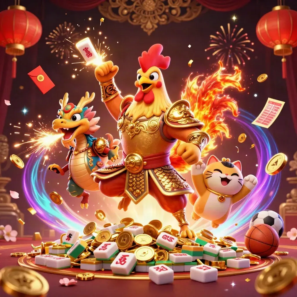 Rooster warrior, dragon hatchling, and fortune cat amid coins, fireworks, and casino symbols.