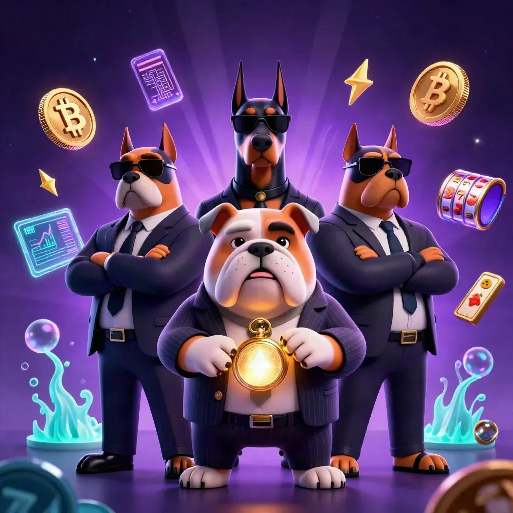 3D mafia bulldog and two bodyguards amid neon coins, lightning, reels, and purple casino energy