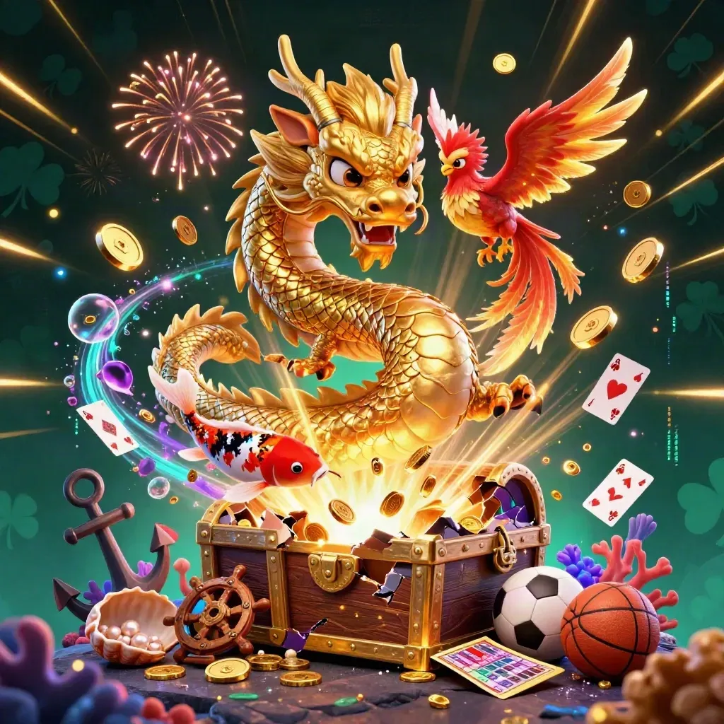 Golden dragon with phoenix and koi amid coins, treasure cove, and betting icons in neon casino glow.