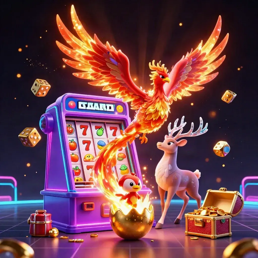 Fire phoenix, baby phoenix, and crystal stag bursting from a slot machine with gold and neon effects.