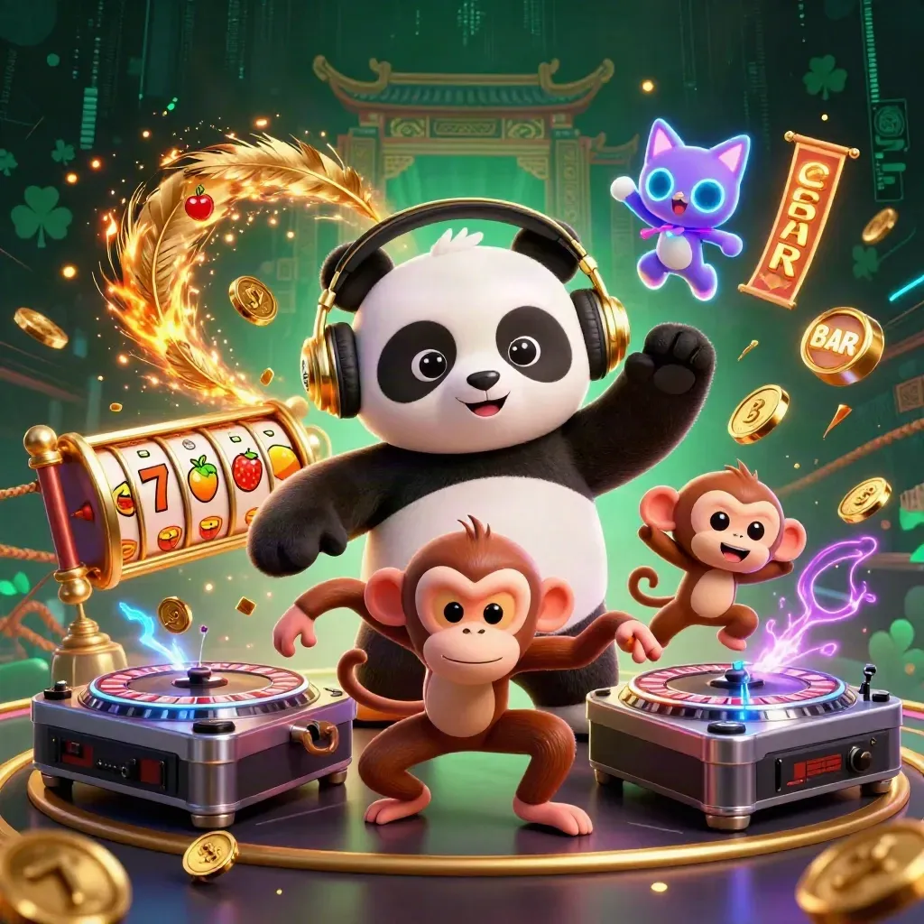 Three neon casino mascots dance around roulette wheels, coins, and a temple gate.