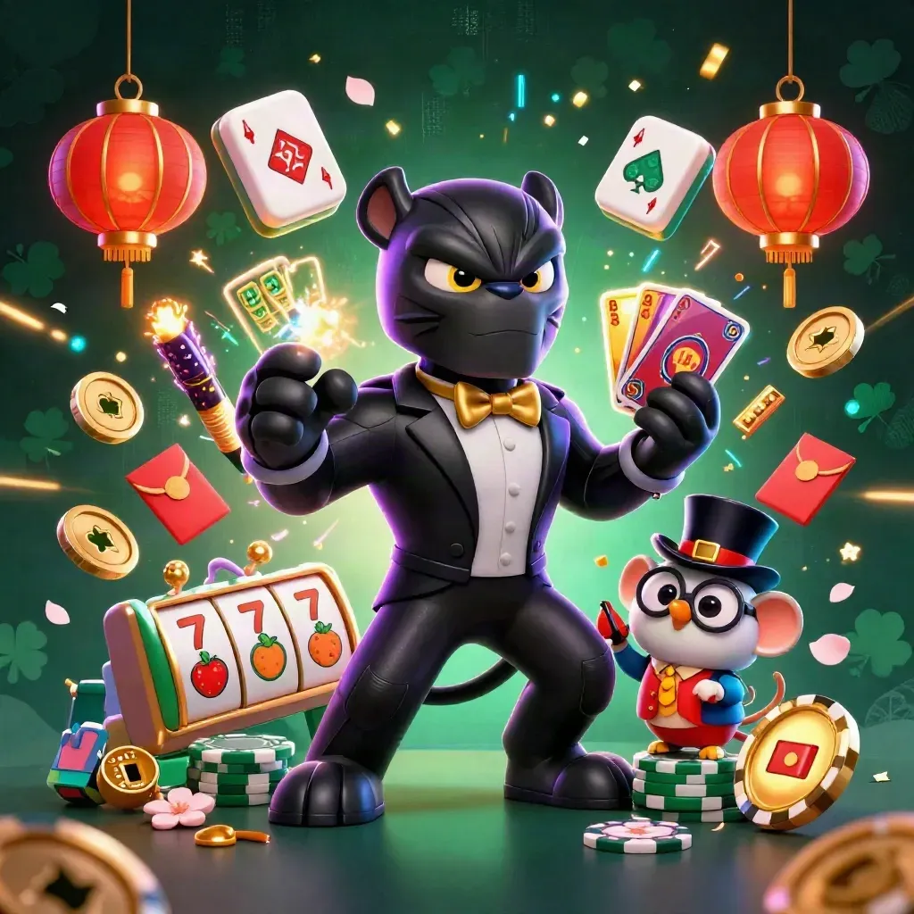 Panther, owl, and mouse casino heroes amid lanterns, coins, petals, and neon energy.