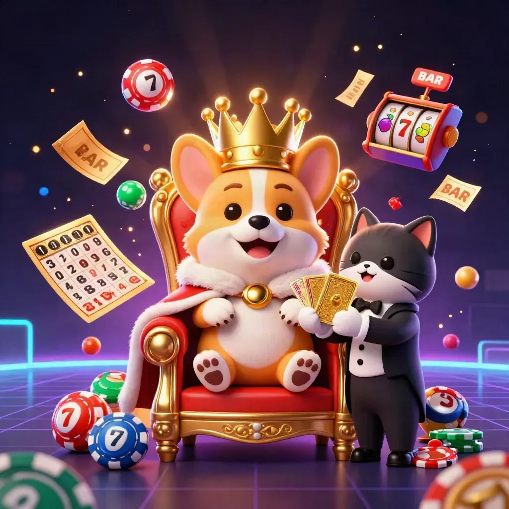Royal corgi and cat butler amid casino props, chips, reels, balls, tickets, and glowing neon effects.