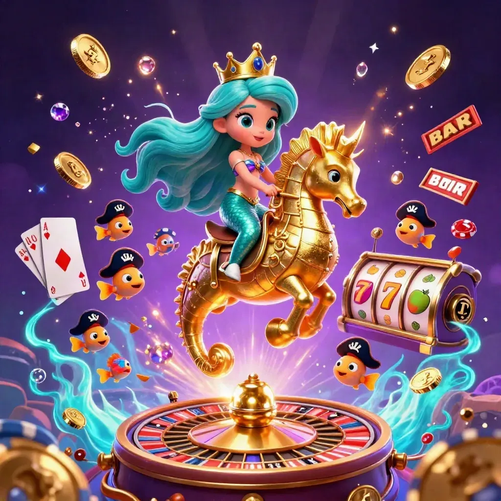 Mermaid princess on armored seahorse amid casino chips, cards, coins and neon underwater magic.