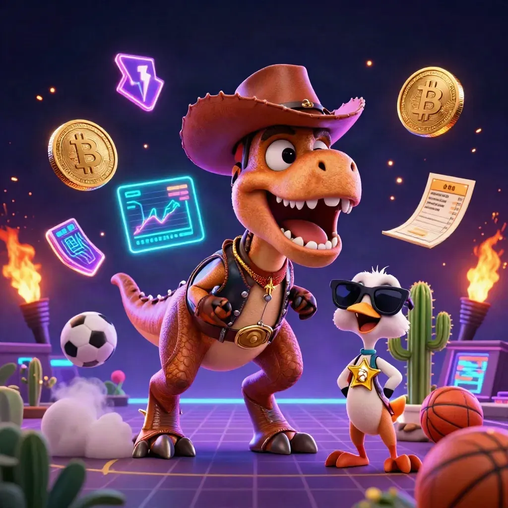 Cowboy T-Rex, cactus sidekick, and roadrunner amid neon coins and betting glow.