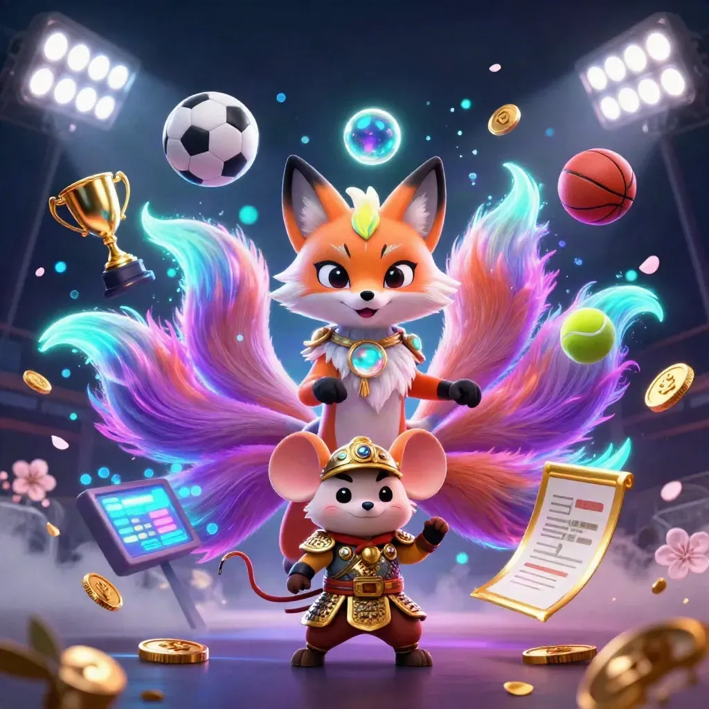 Fox spirit and golden mouse amid casino sports symbols, coins, and neon magic.