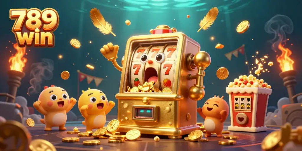 Engage in thrilling gameplay with 789 win as the golden slot machine hits the jackpot, coins exploding!