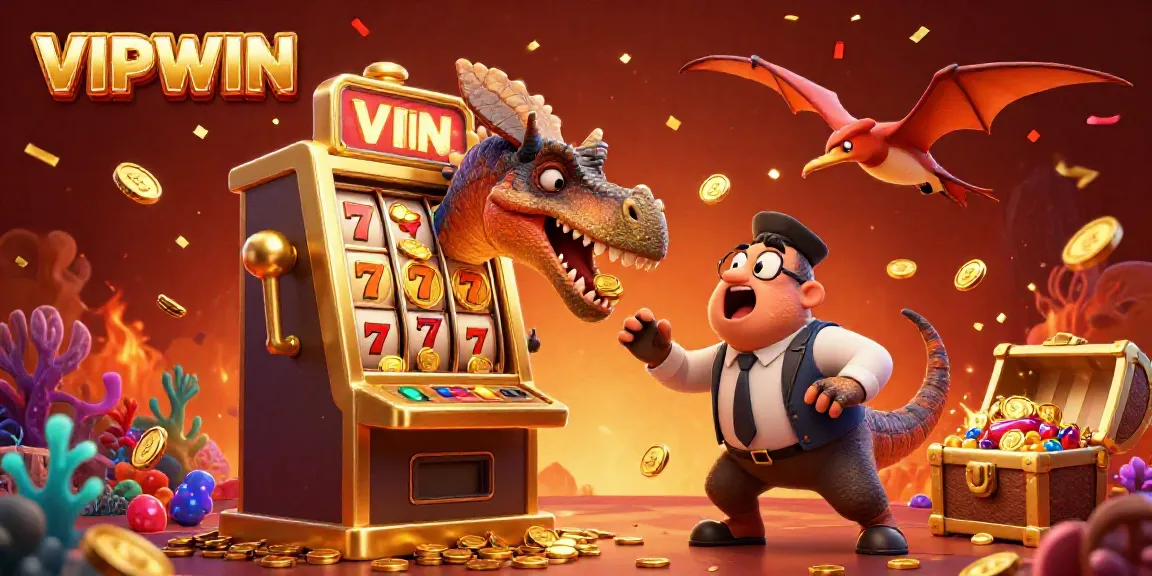 VIPWIN casino scene with vibrant characters celebrating a slot machine jackpot.