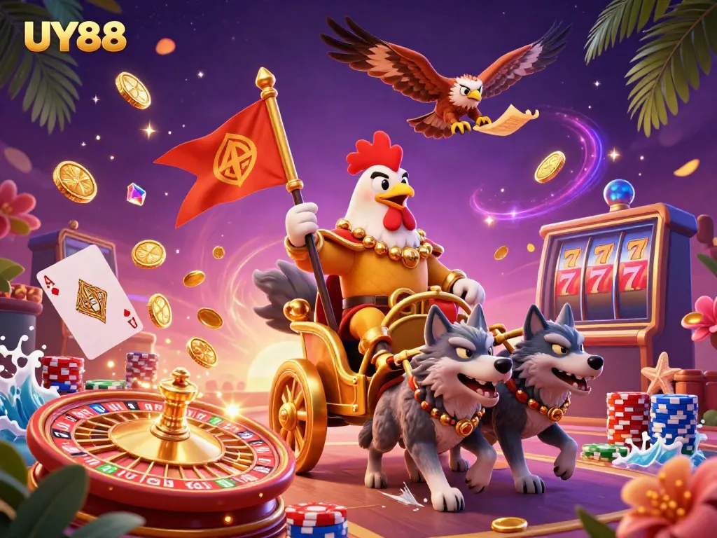 Win big with UY88: a dynamic scene featuring a cartoon rooster warlord in a golden chariot among casino elements.