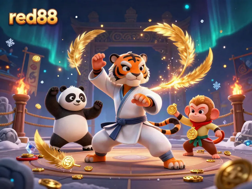 Experience the thrill of red88 with a dynamic 3D scene of kung fu characters among golden coins and vibrant casino elements.