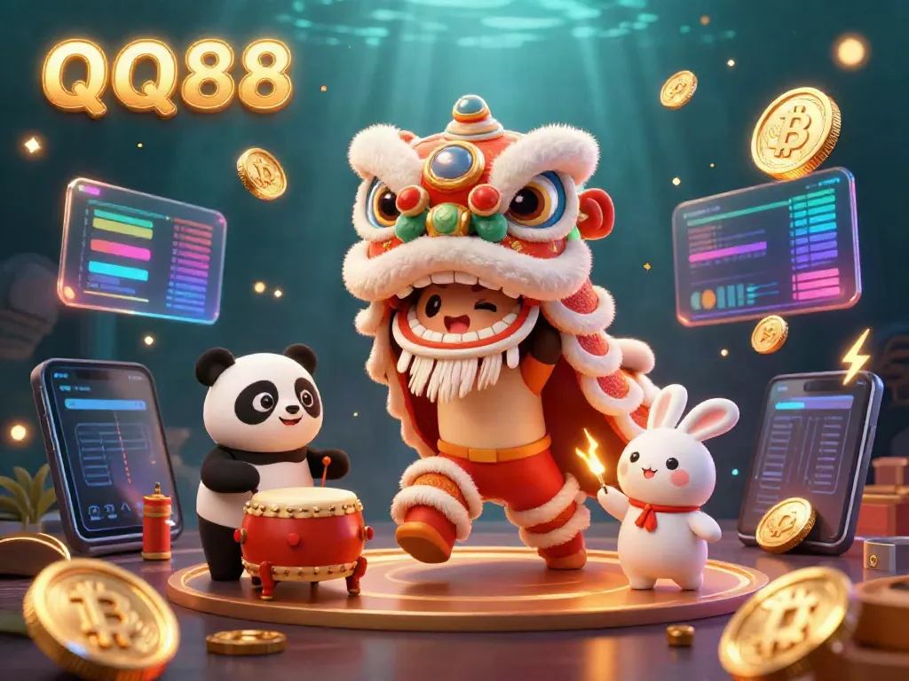 Experience the excitement of QQ88 with a vibrant lion dance, crypto coins, and festive decorations.