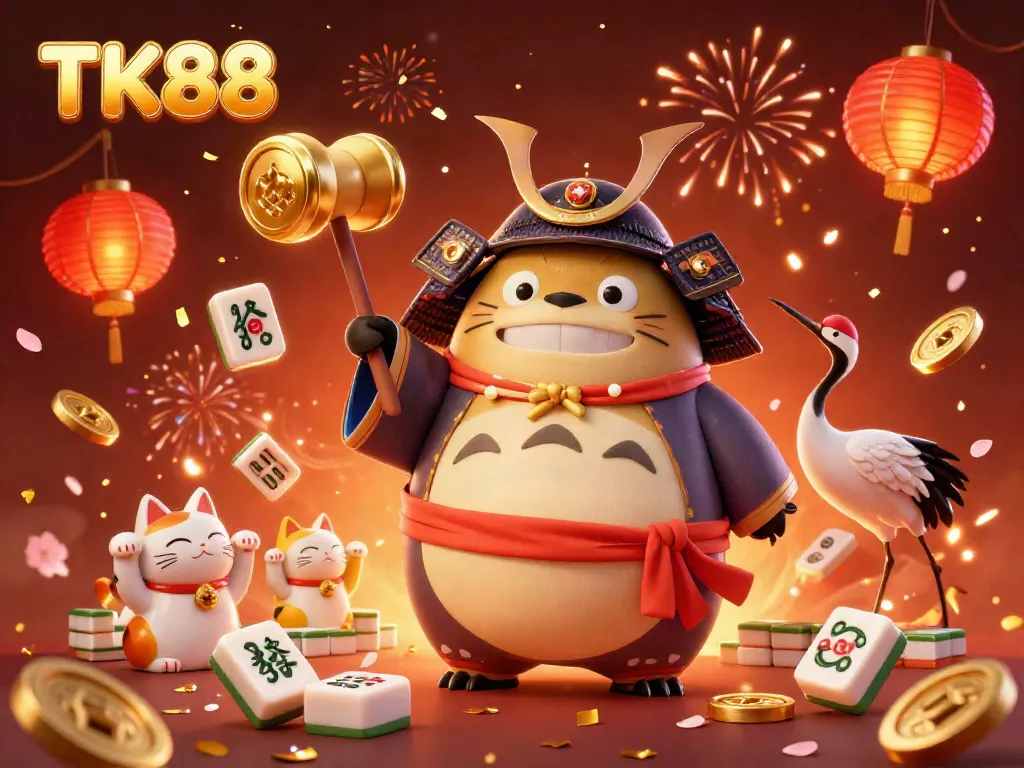 Experience the vibrant adventure of TK88 with fortune cats and a lucky tanuki amid golden casino elements.