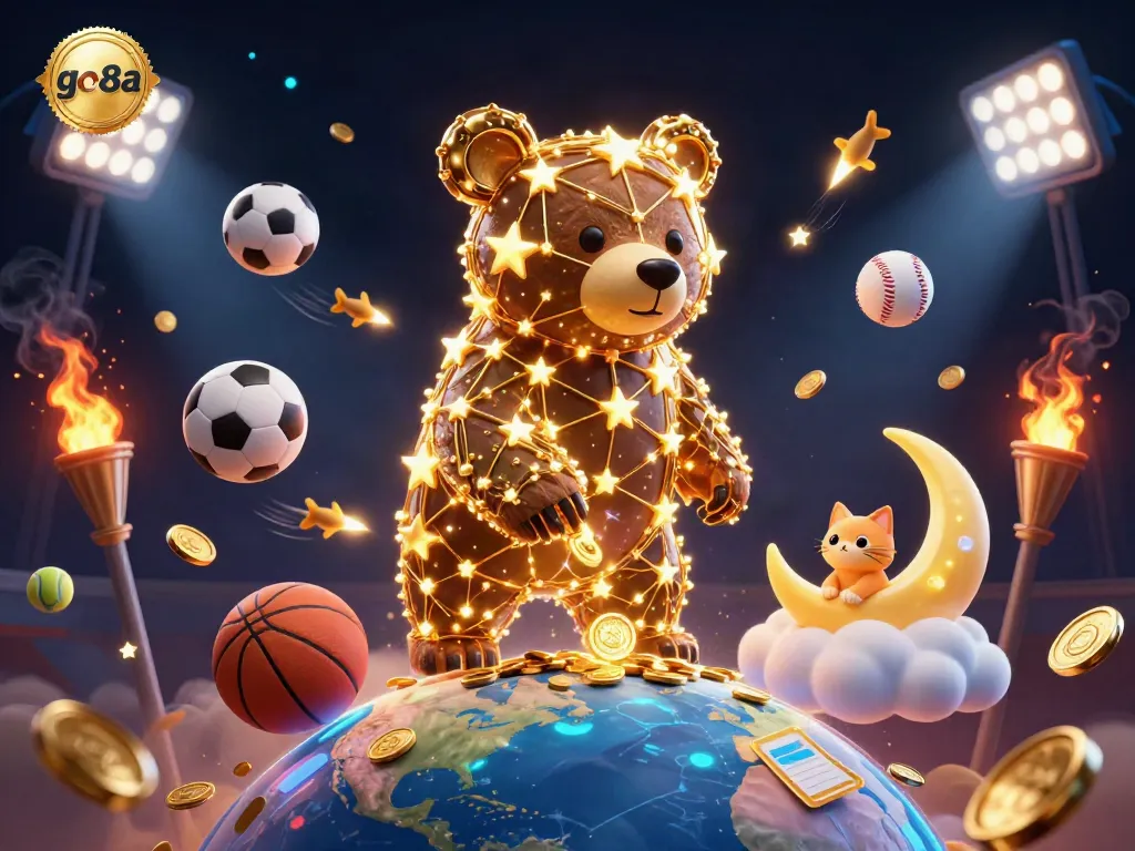 Engage with go8a's thrilling casino experience as the bear collects golden coins surrounded by dynamic sports elements.