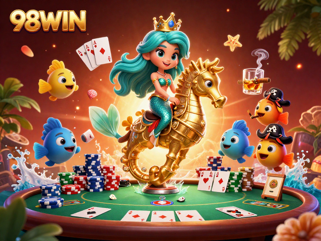 Engage in thrilling casino adventures at 98WIN with vibrant gaming elements and characters.
