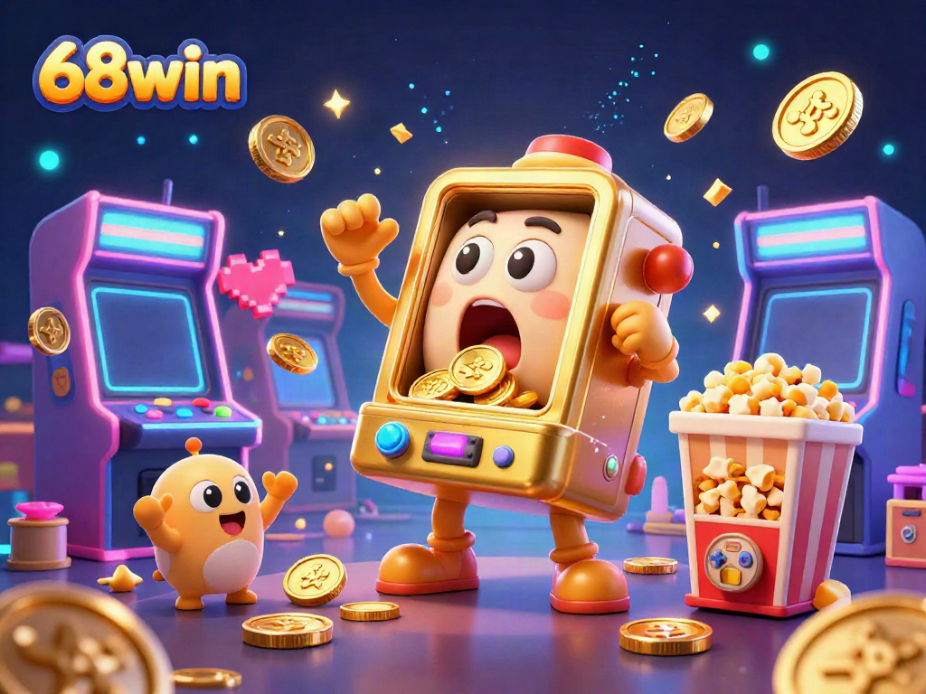 68win slot machine celebrates a jackpot with gold coins pouring, surrounded by cheering mini slots and popcorn.