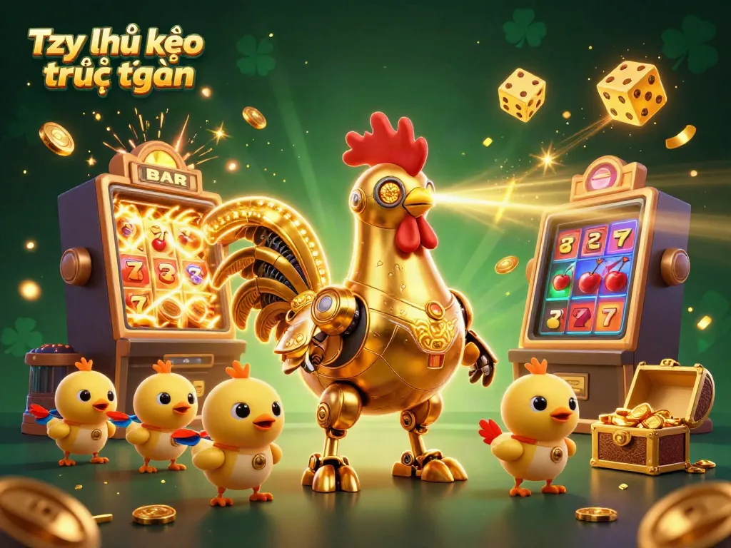 Experience Tỷ lệ kèo trực tuyến in a vibrant scene featuring a golden rooster robot and engaging casino elements.