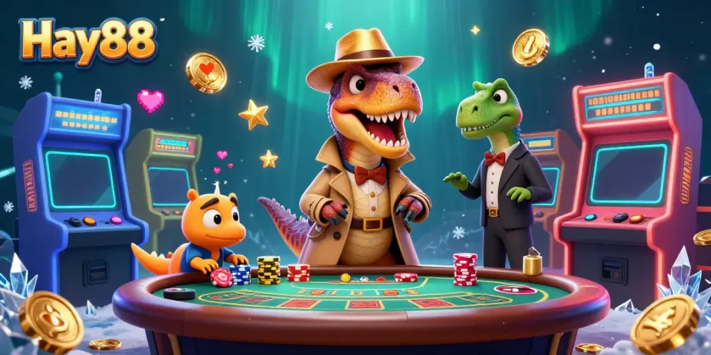 Engage in thrilling gaming at Hay88 with a cartoon velociraptor at the blackjack table, surrounded by arcade excitement.