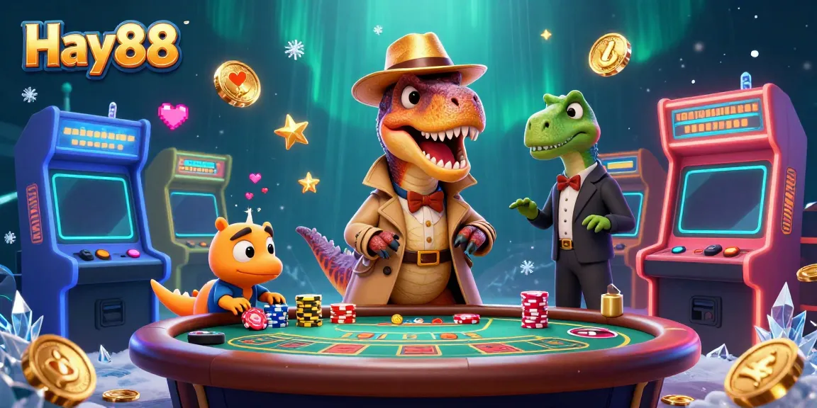 Engage in thrilling gaming at Hay88 with a cartoon velociraptor at the blackjack table, surrounded by arcade excitement.