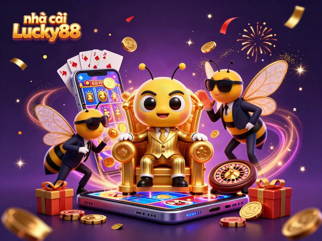 Engage with the vibrant world of nhà cái Lucky88 featuring a cartoon bumblebee mob boss in a dynamic casino setting.