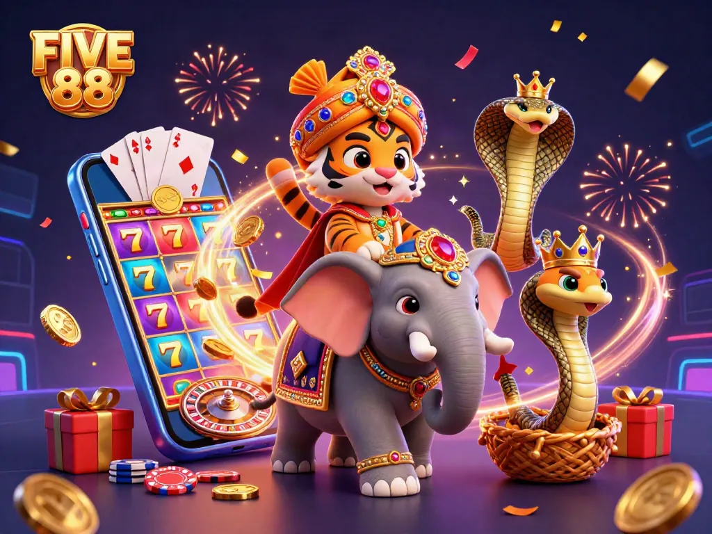 Join the exciting world of FIVE 88 with vibrant casino graphics showcasing slot games and colorful characters.