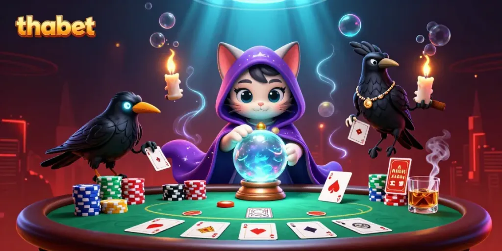 Engage with thabet’s colorful casino scene featuring a mystical fortune teller cat, a raven, and vibrant poker elements.