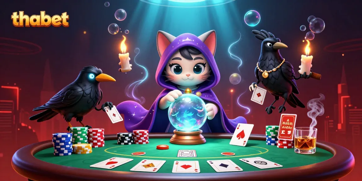 Engage with thabet’s colorful casino scene featuring a mystical fortune teller cat, a raven, and vibrant poker elements.