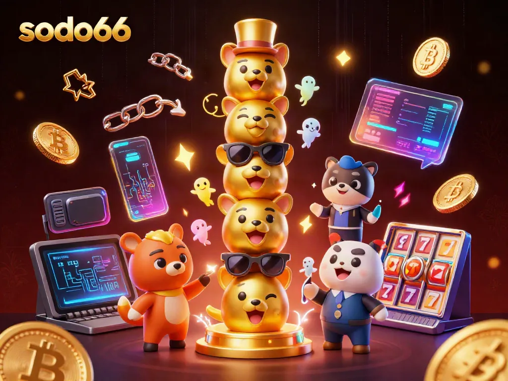Engage with SODO66's vibrant casino gaming world featuring a golden totem and glowing crypto elements.