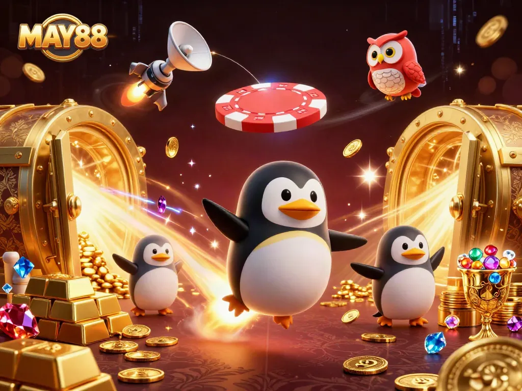 MAY88 prompts action with a golden penguin racing towards a casino space station, symbolizing exciting gambling adventures.