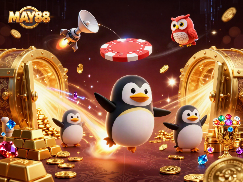 MAY88 prompts action with a golden penguin racing towards a casino space station, symbolizing exciting gambling adventures.