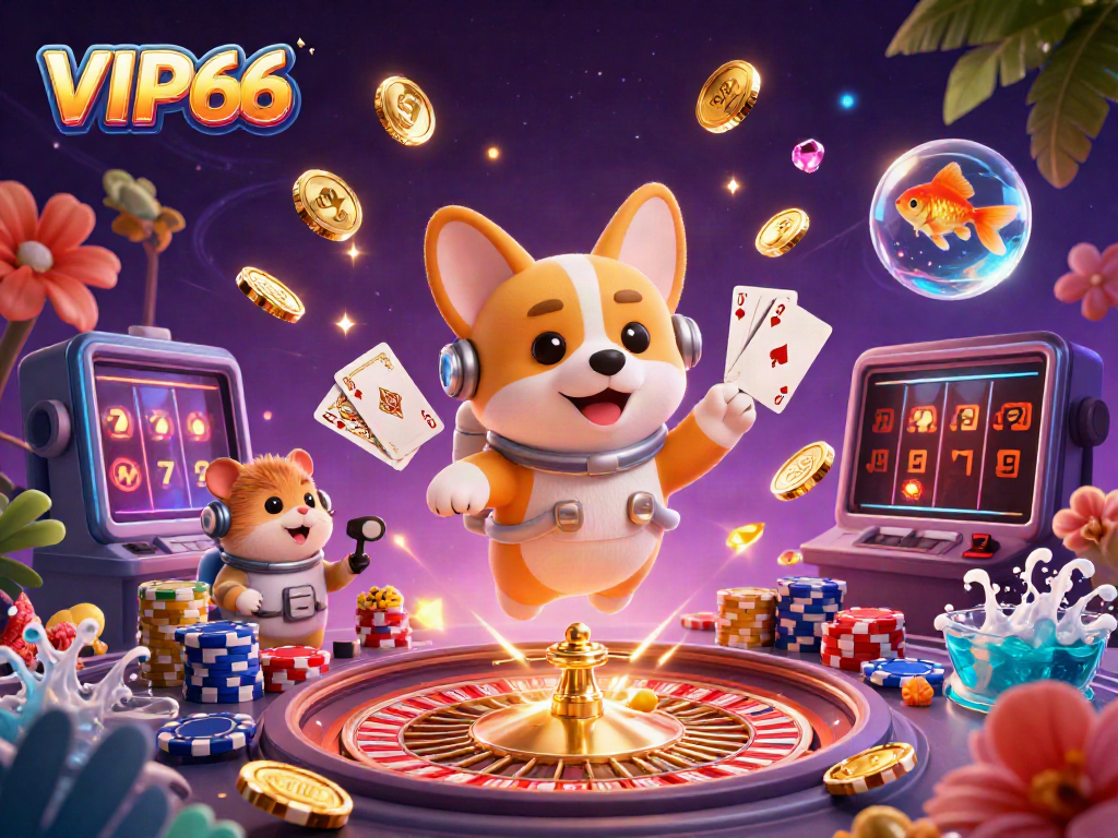 Experience the fun of VIP66 casino gaming with a floating corgi and vibrant casino elements.