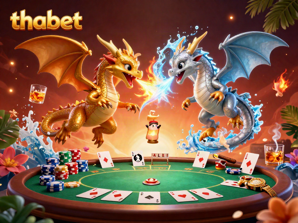 Experience thrilling gameplay at THABET with vibrant dragons, poker elements, and dynamic casino visuals.