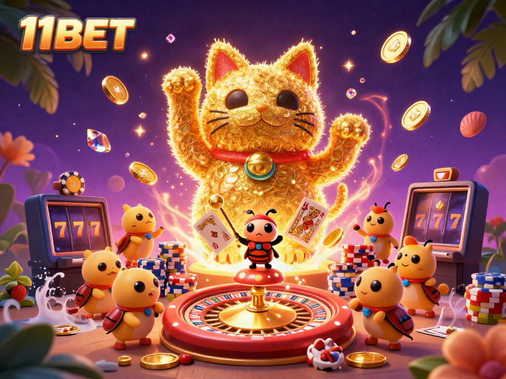 Experience winning vibes with 11BET's colorful casino illustration featuring a lucky cat and vibrant elements.