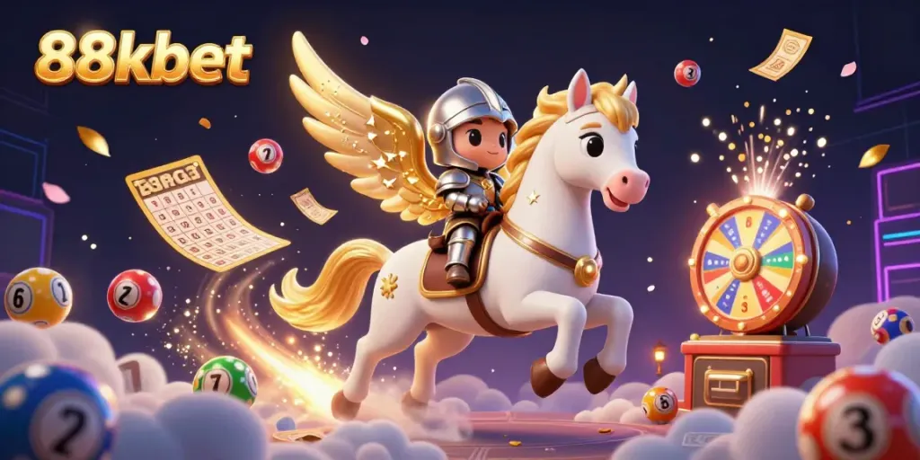 Experience the thrill of play at 88kbet with this vibrant casino scene featuring a magical horse, knight, and dynamic lottery elements.