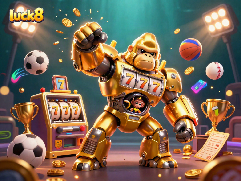 Experience the thrill of luck8 with 3D golden gorilla mech and dynamic casino elements.