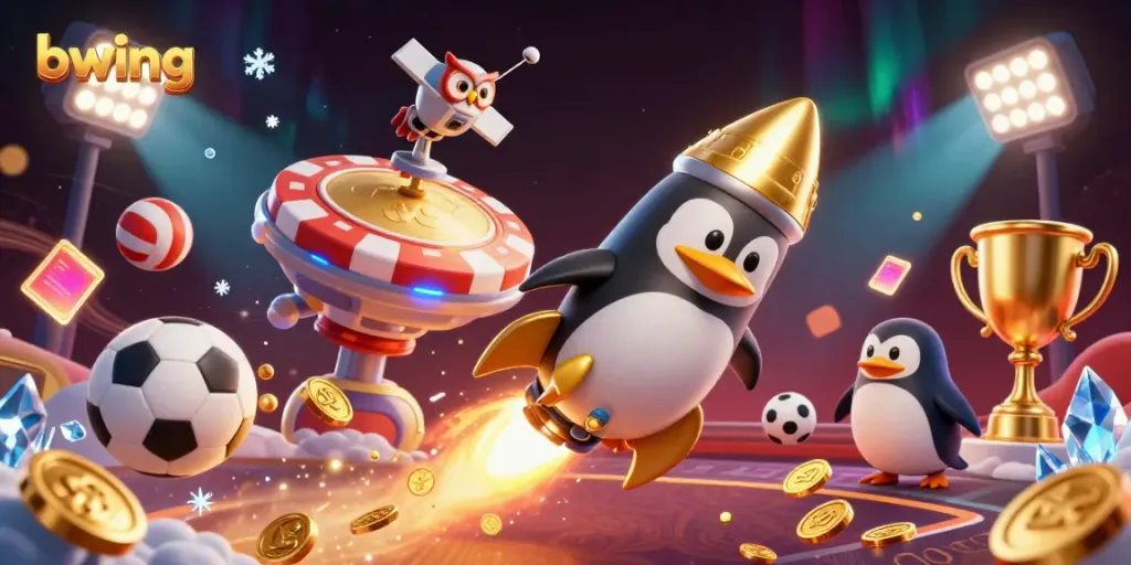 Experience exciting games with bwing, featuring a golden penguin and casino elements in a dynamic space scene.