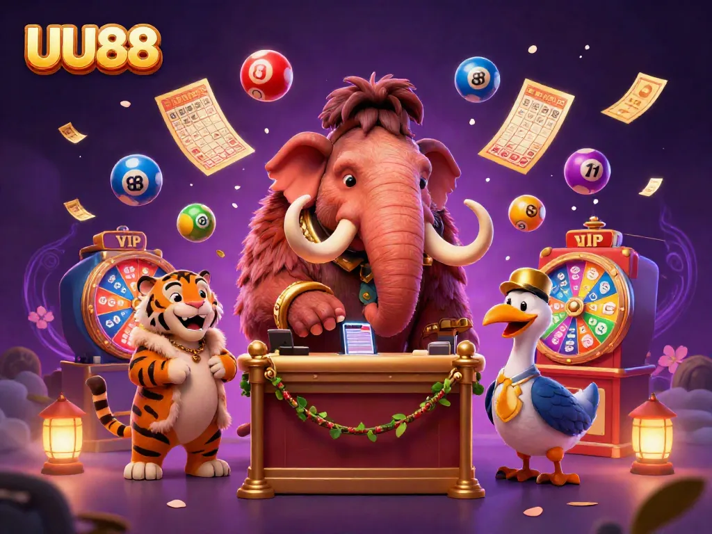 Join the excitement at UU88 with a vibrant casino scene featuring a woolly mammoth bouncer and dynamic lottery elements.