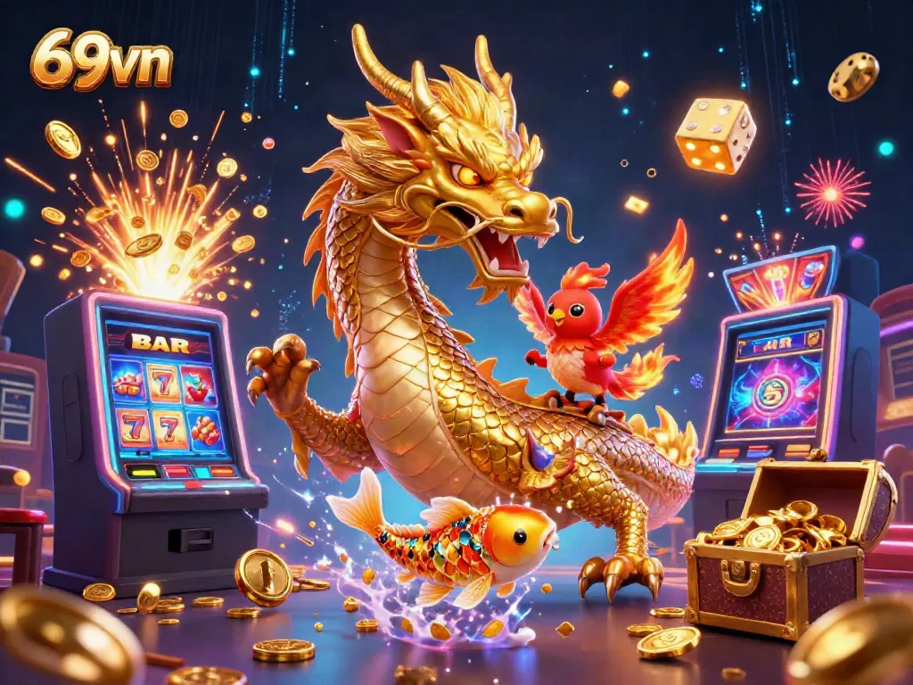 Engage in thrilling gameplay at 69vn with an exciting scene featuring a dragon, phoenix, and jackpot elements.