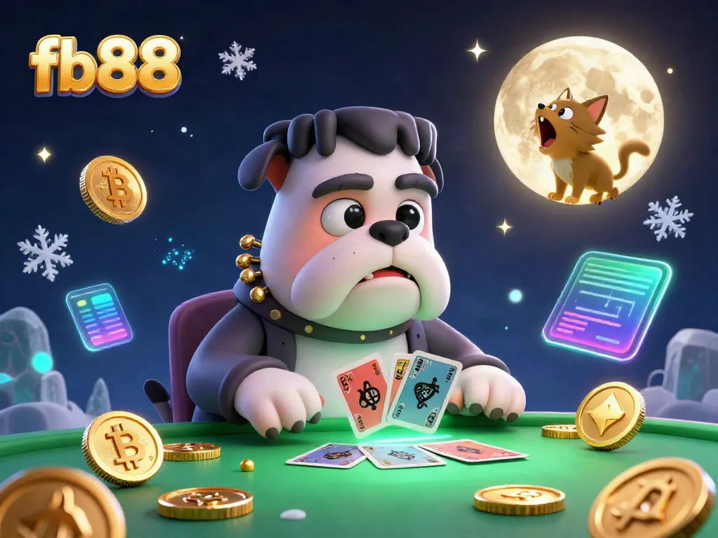 Join the thrilling gameplay at fb88 with a Frankenstein bulldog dealer surrounded by glowing cryptocurrency and playful casino elements.
