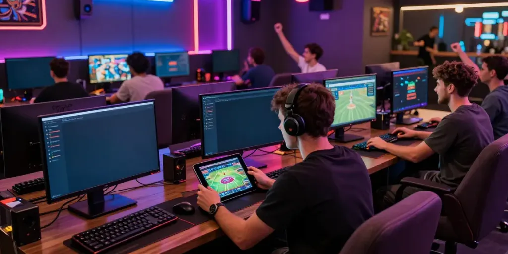Online gaming excitement at Net88 with diverse players in a vibrant gaming lounge.