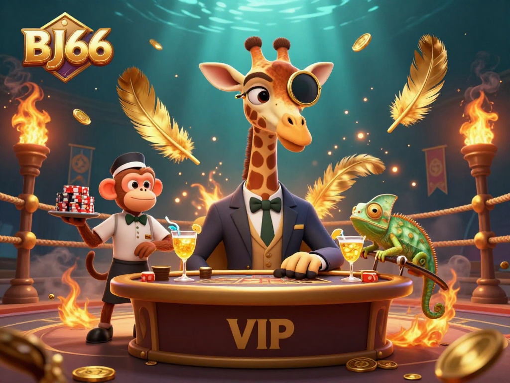 Experience the thrilling BJ66 cockfighting action with a vibrant giraffe, monkey, and chameleon in a dynamic arena.