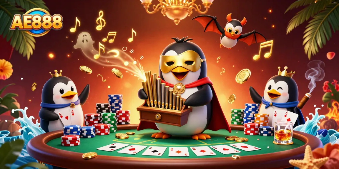 Join the exciting AE888 casino scene featuring a phantom opera penguin and bat acrobat.