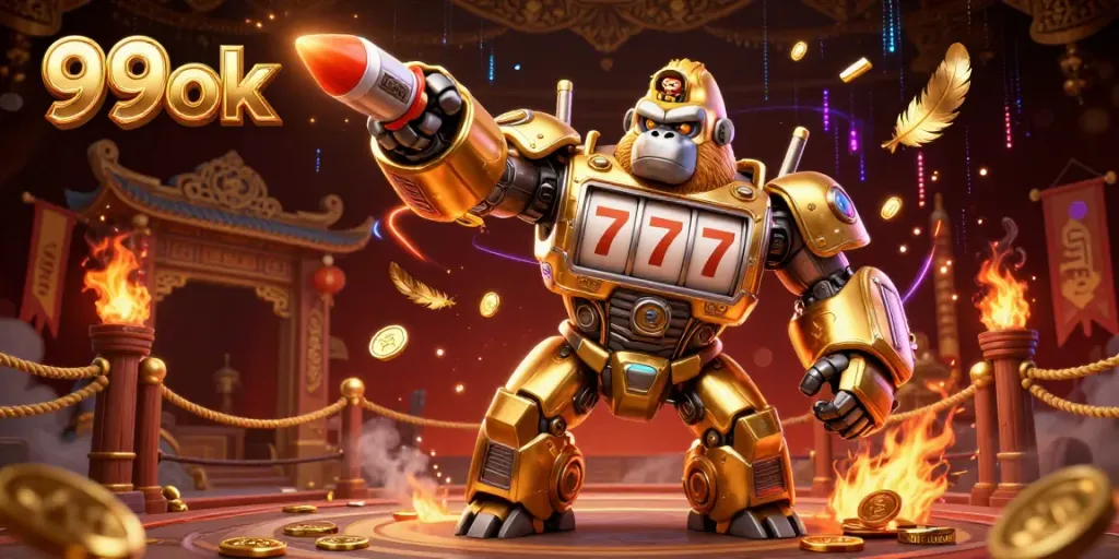 Engage with the exciting 99ok transformer-style gorilla mech amidst a vibrant casino scene full of action!