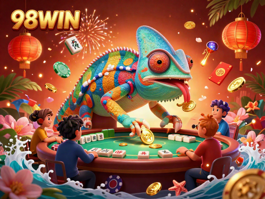 Experience the vibrant energy of 98WIN casino with its colorful chameleon owner and dynamic gaming elements.