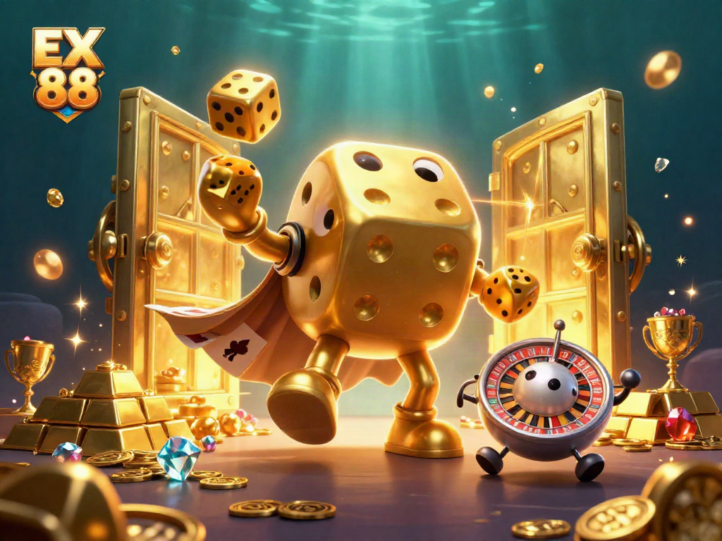 Experience thrilling moments with EX 88 as golden dice and treasures surround dynamic casino characters.