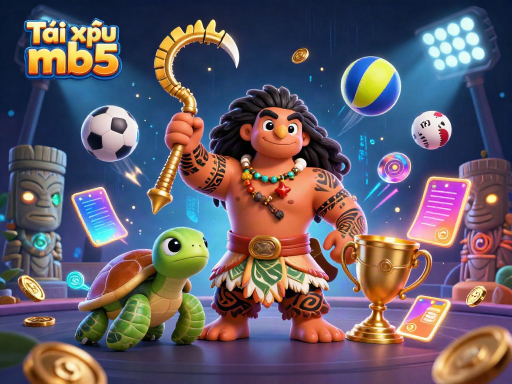 Engage in Tài xỉu mb5 with dynamic illustrations of a tribal demigod and gaming elements.