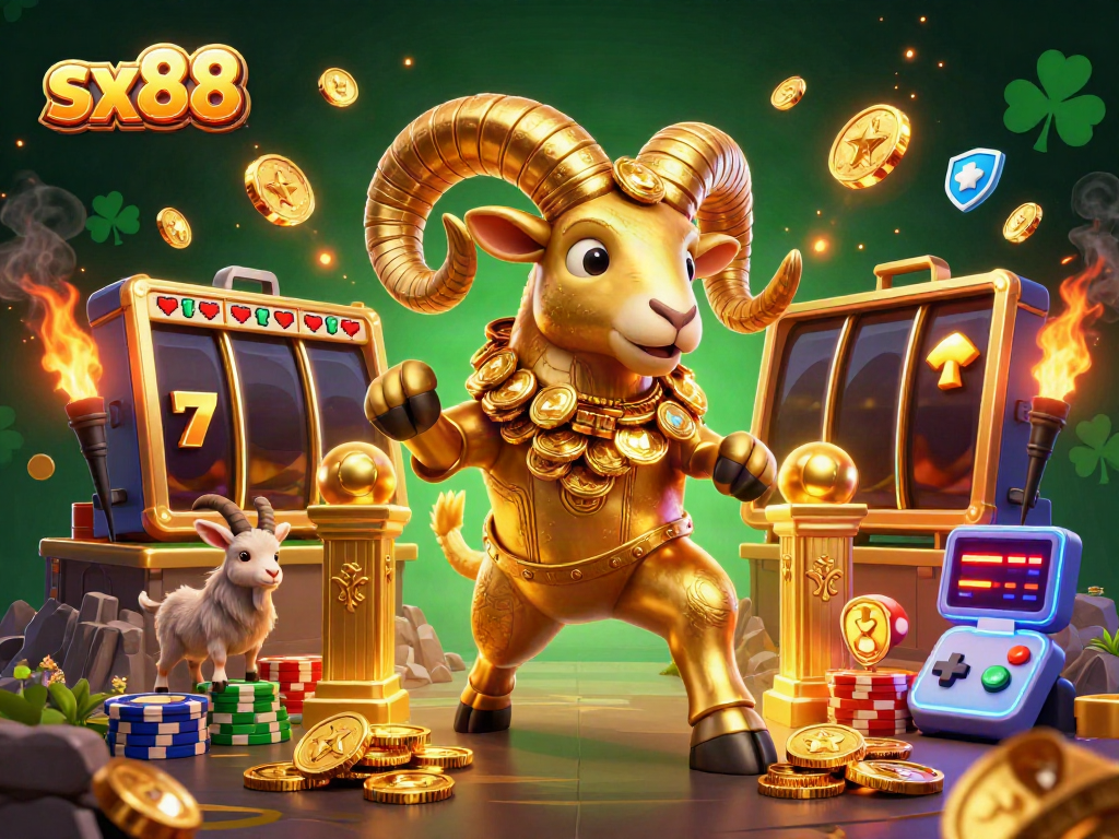 Experience the thrill of sx88 with a golden ram charging through colorful slot machines and glowing coins.